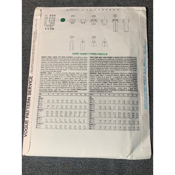 Vintage Vogue 1170 Pattern Jacket Dress Shirt Skirt Shorts Size 6-8-10 uncut - Picture 2 of 2